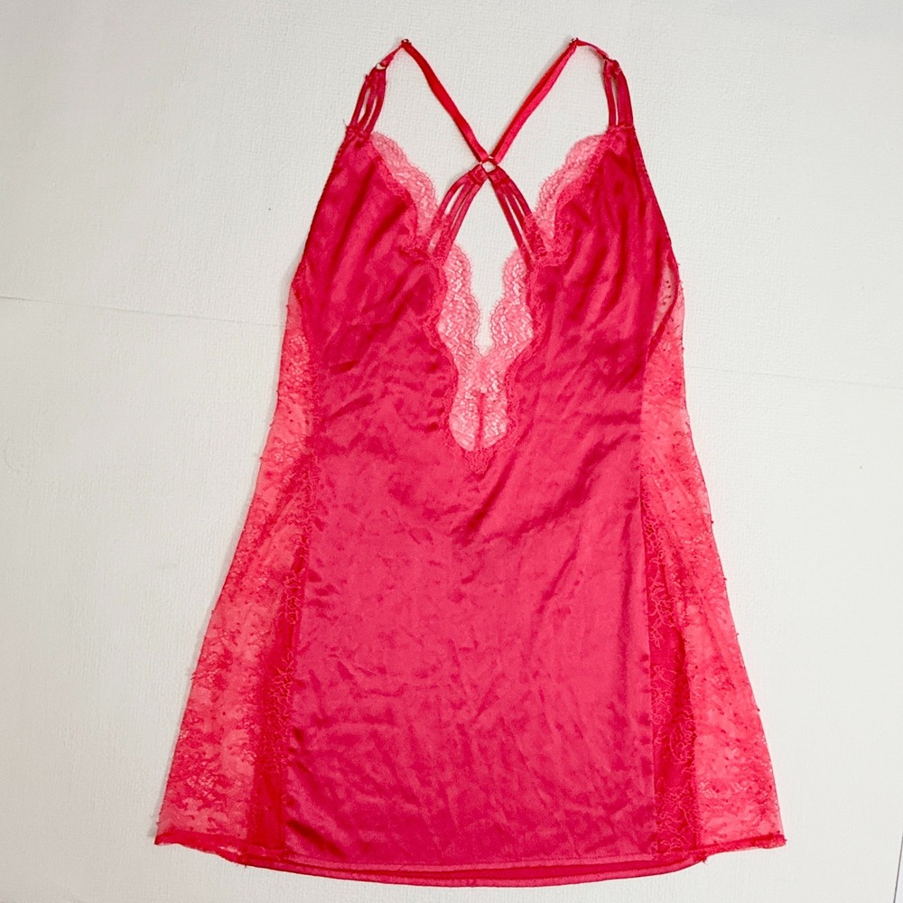 Y2K Victoria's Secret Cami Top Satin Lace Trim Deep V Neck Medium Hot Pink